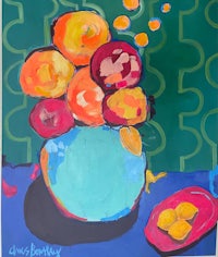 a painting of oranges and lemons in a blue vase