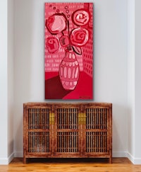 a painting of a red vase in a room